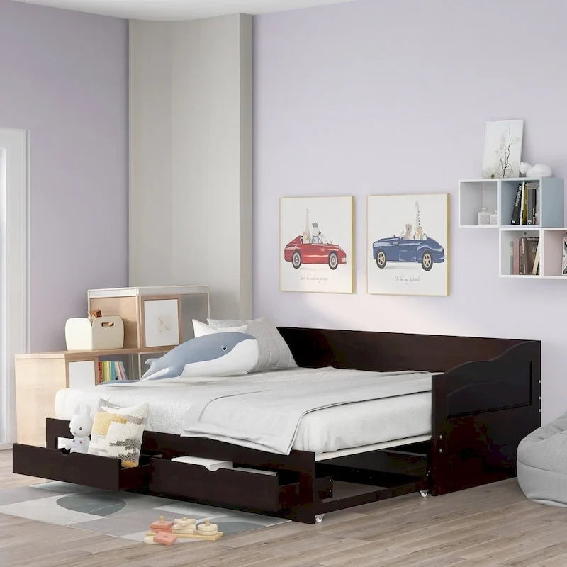 Divano Letto Estraibile in Legno, Letto da Giorno con Letto Estraibile e 2 Cassetti Contenitori