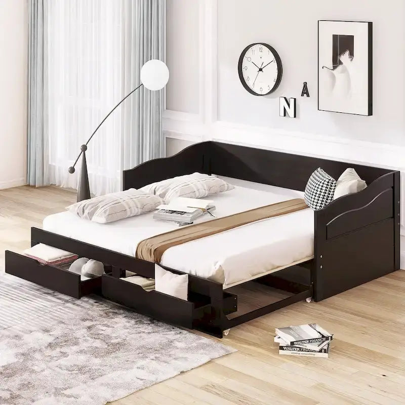 Divano Letto Estraibile in Legno, Letto da Giorno con Letto Estraibile e 2 Cassetti Contenitori