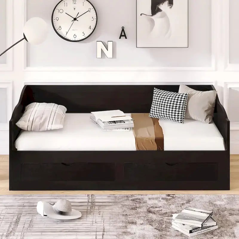 Divano Letto Estraibile in Legno, Letto da Giorno con Letto Estraibile e 2 Cassetti Contenitori