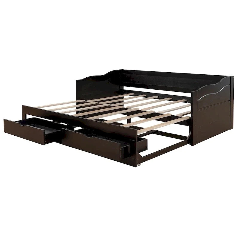 Divano Letto Estraibile in Legno, Letto da Giorno con Letto Estraibile e 2 Cassetti Contenitori