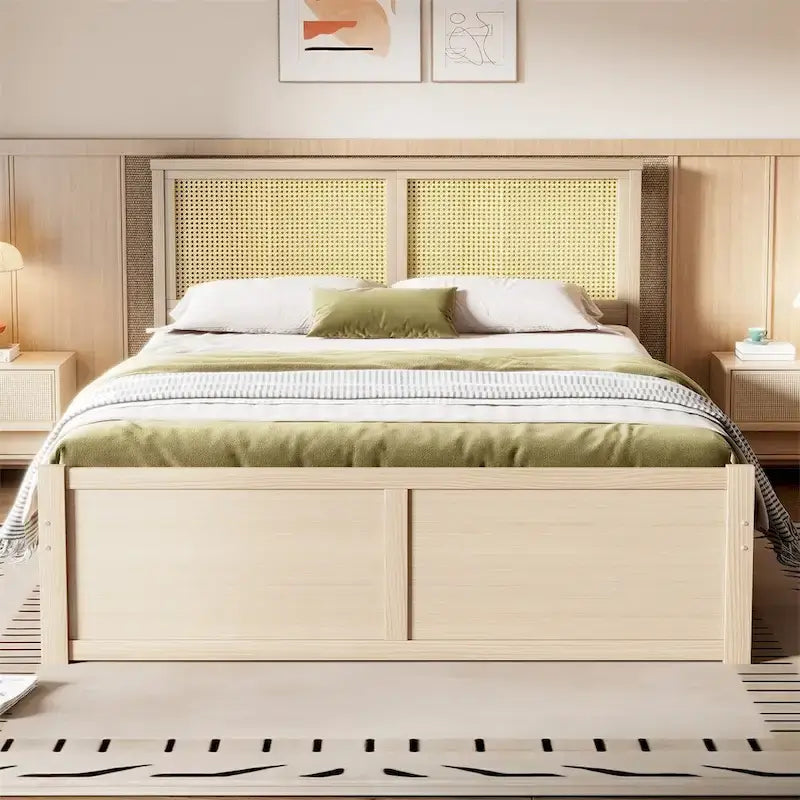 Queen Size Wood Storage Platform Bed with 4 Drawers, Rattan Headboard