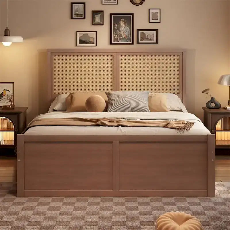 Queen Size Wood Storage Platform Bed with 4 Drawers, Rattan Headboard