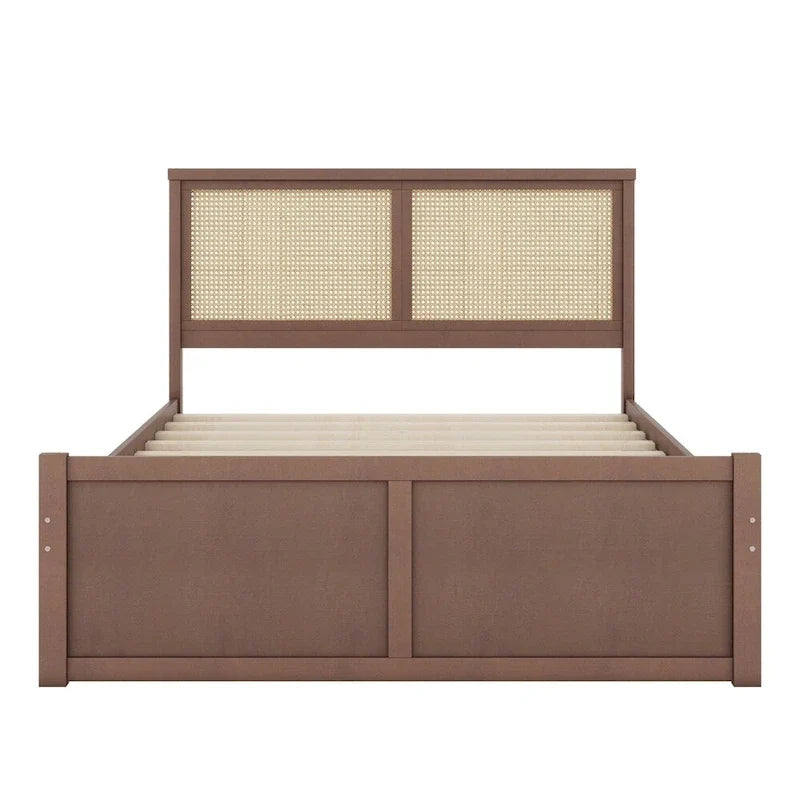 Queen Size Wood Storage Platform Bed with 4 Drawers, Rattan Headboard