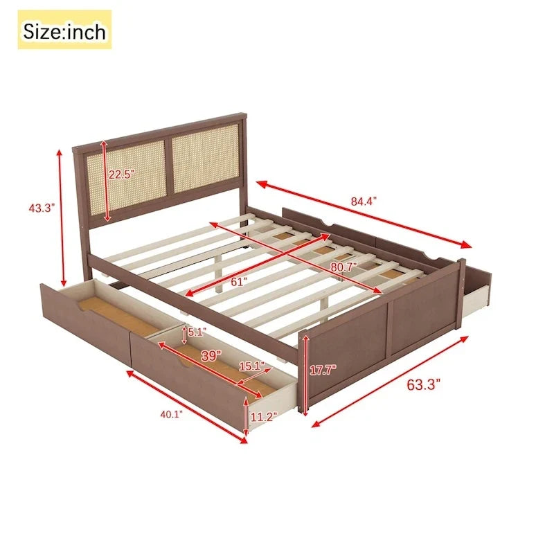 Queen Size Wood Storage Platform Bed with 4 Drawers, Rattan Headboard