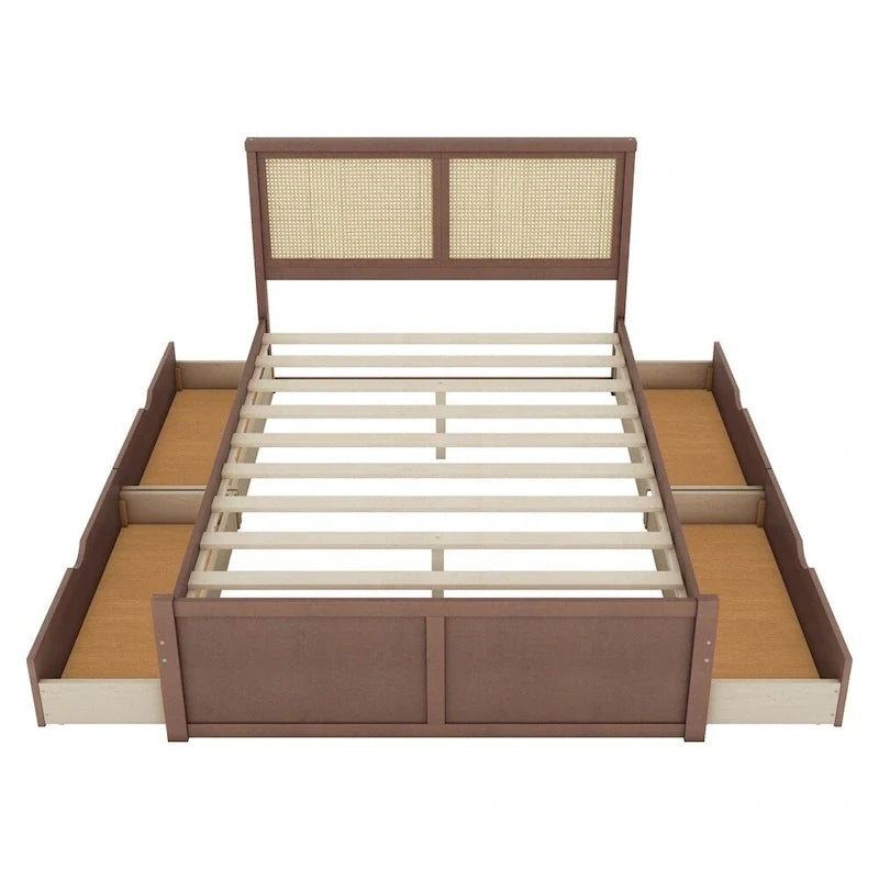 Queen Size Wood Storage Platform Bed with 4 Drawers, Rattan Headboard