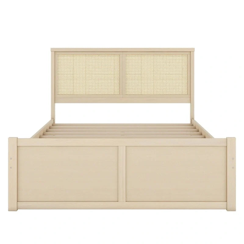 Queen Size Wood Storage Platform Bed with 4 Drawers, Rattan Headboard