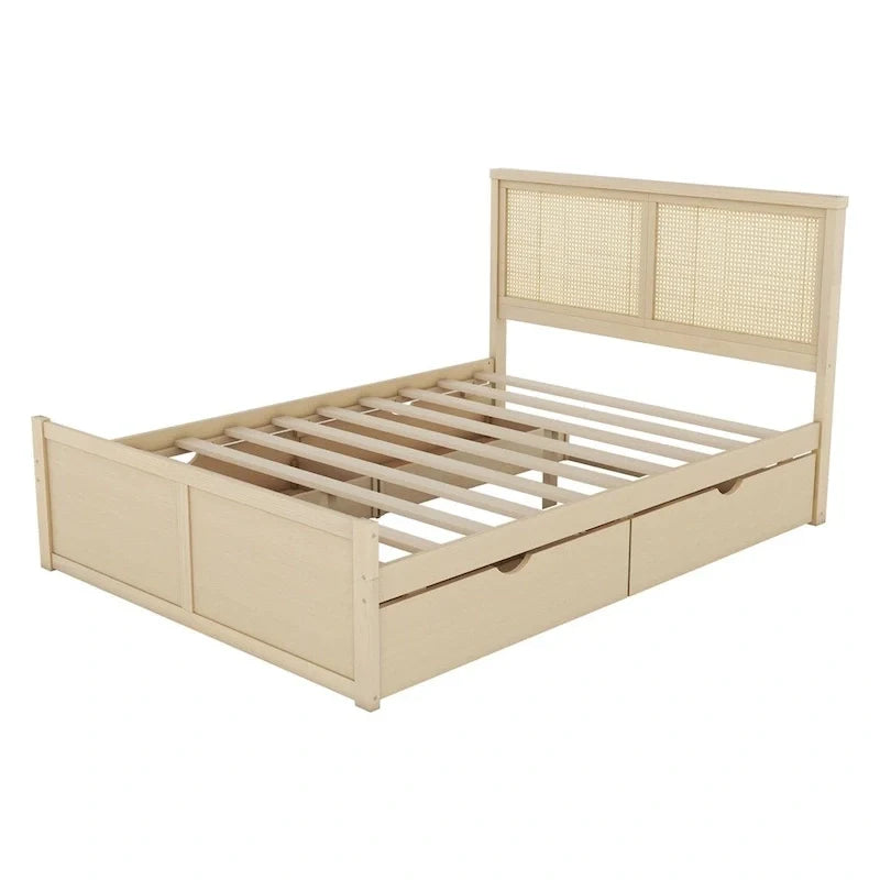 Queen Size Wood Storage Platform Bed with 4 Drawers, Rattan Headboard