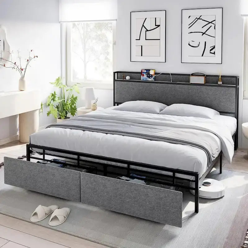 Lit King Size avec Cadre de Rangement et Tête de Lit Chargeur