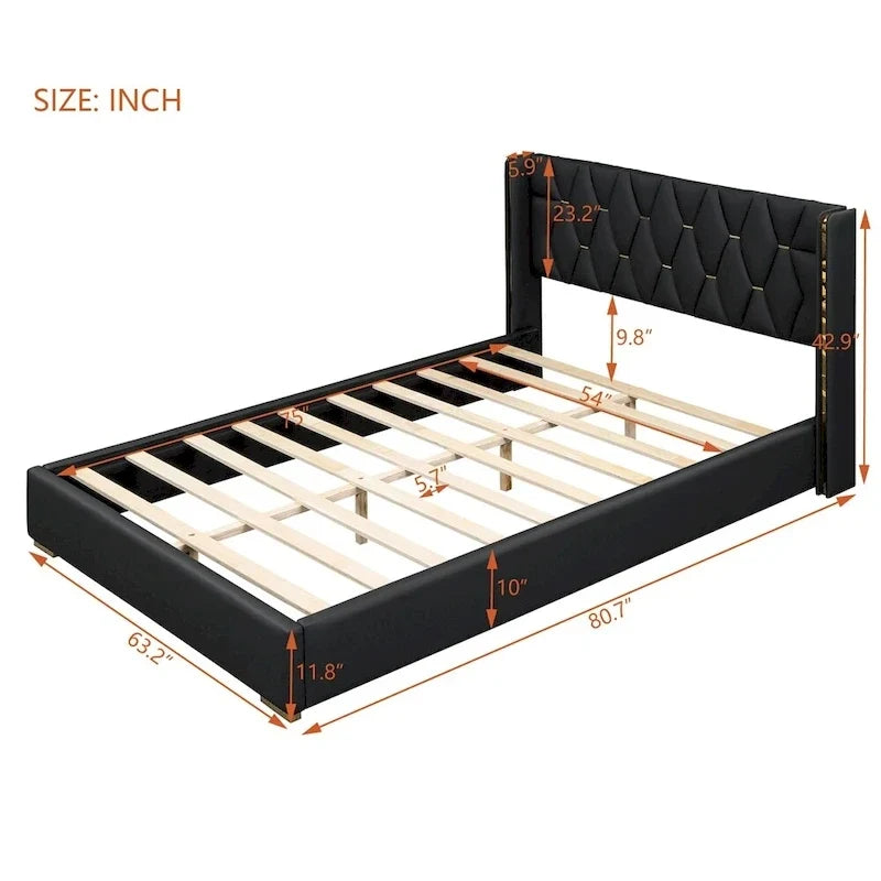 Lit plateforme pleine grandeur en cuir avec cadre en bois