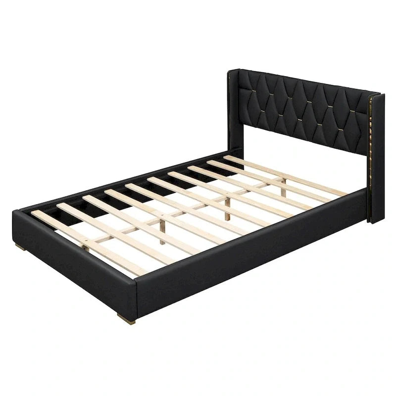 Lit plateforme pleine grandeur en cuir avec cadre en bois