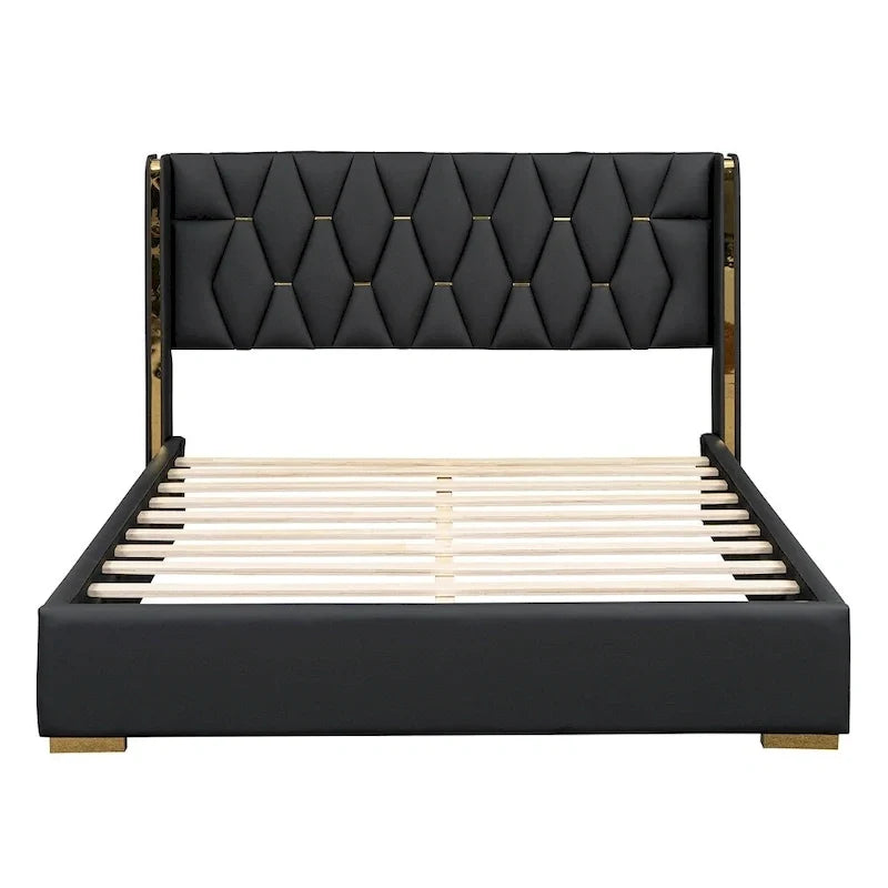 Lit plateforme pleine grandeur en cuir avec cadre en bois