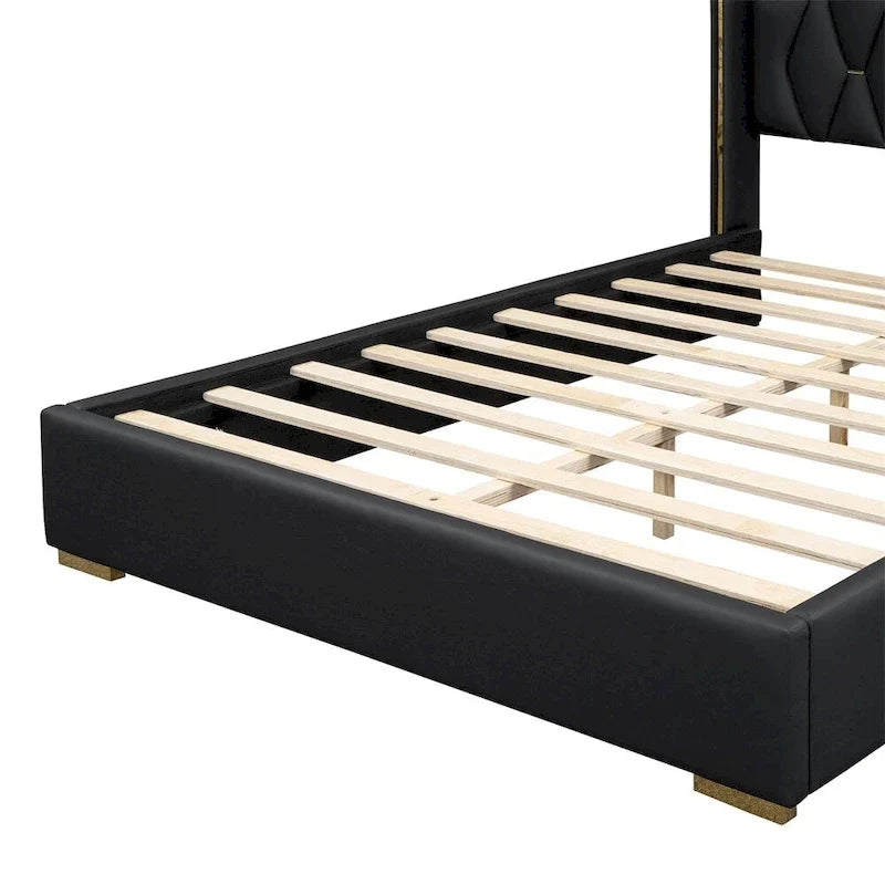 Lit plateforme pleine grandeur en cuir avec cadre en bois