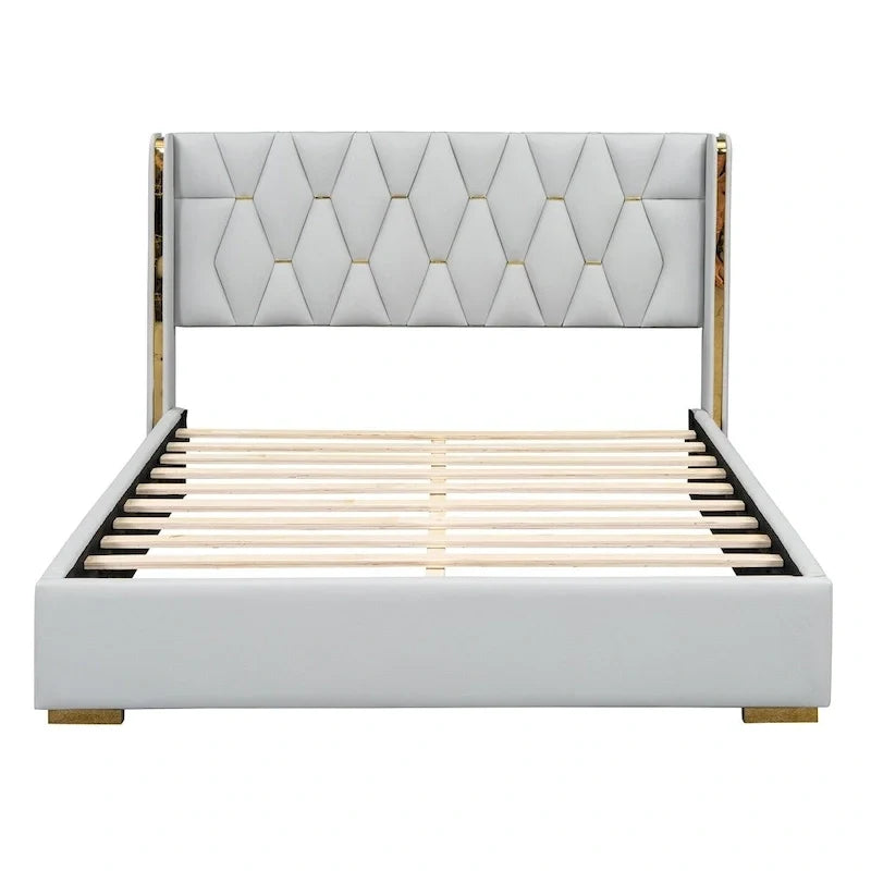 Lit plateforme pleine grandeur en cuir avec cadre en bois
