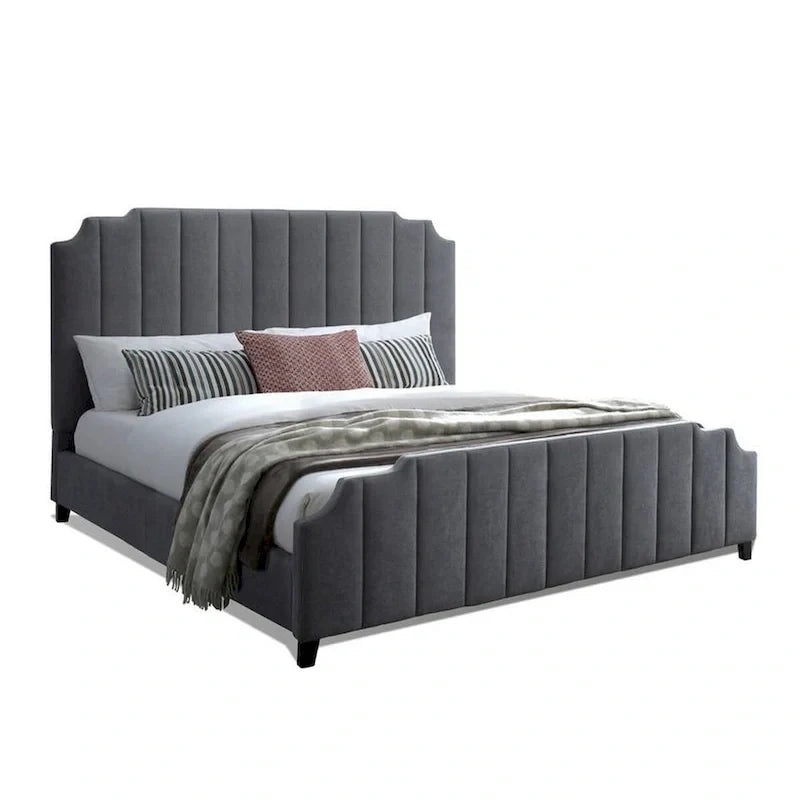 Cery Modern King Size Bed, Channel Tufted Dark Gray Chenille Upholstery