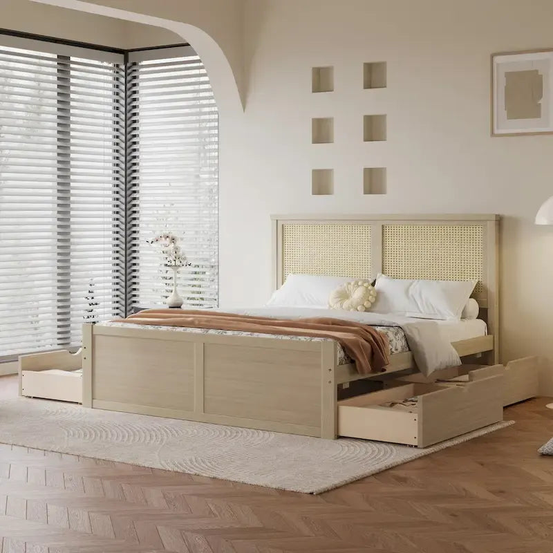 Lit plateforme de rangement Harper&Bright Designs avec tête de lit en rotin et 4 tiroirs