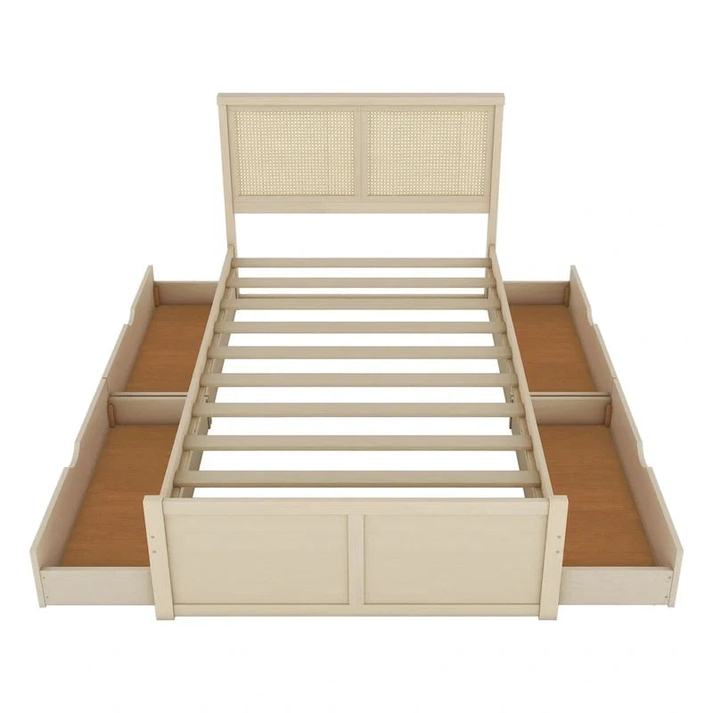 Lit plateforme de rangement Harper&Bright Designs avec tête de lit en rotin et 4 tiroirs