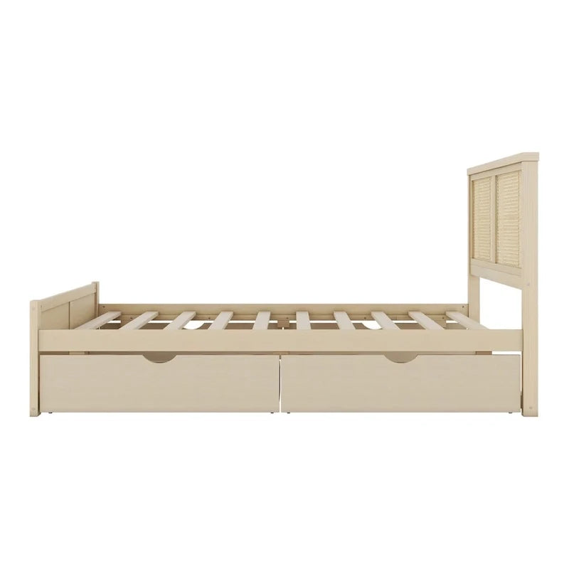 Lit plateforme de rangement Harper&Bright Designs avec tête de lit en rotin et 4 tiroirs