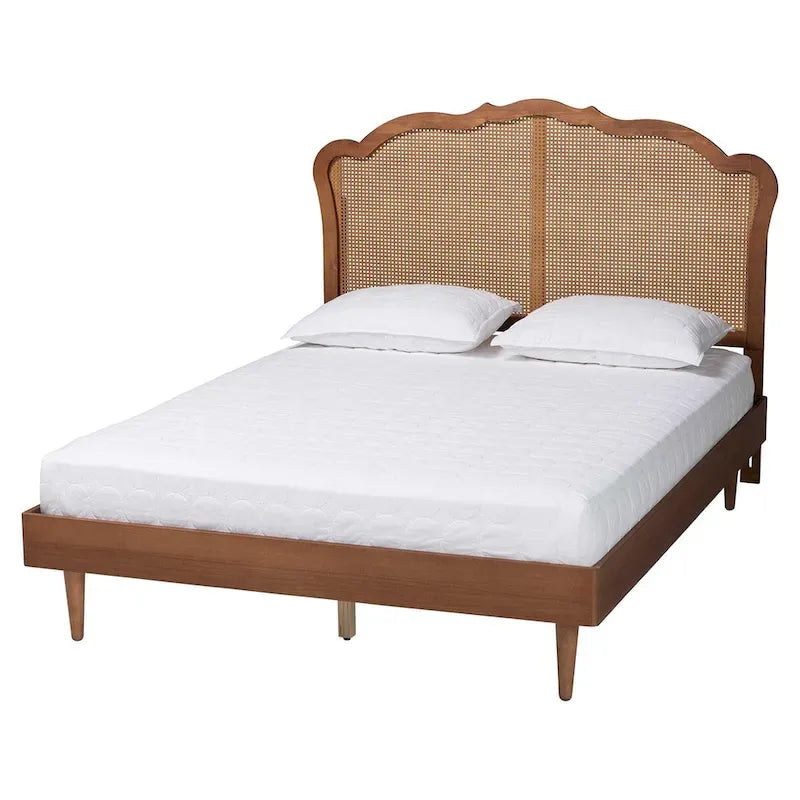 Letto a Piattaforma Camden Mid-Century in Legno di Noce Marrone e Rattan