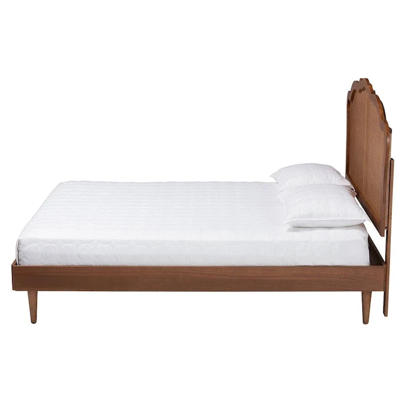 Letto a Piattaforma Camden Mid-Century in Legno di Noce Marrone e Rattan