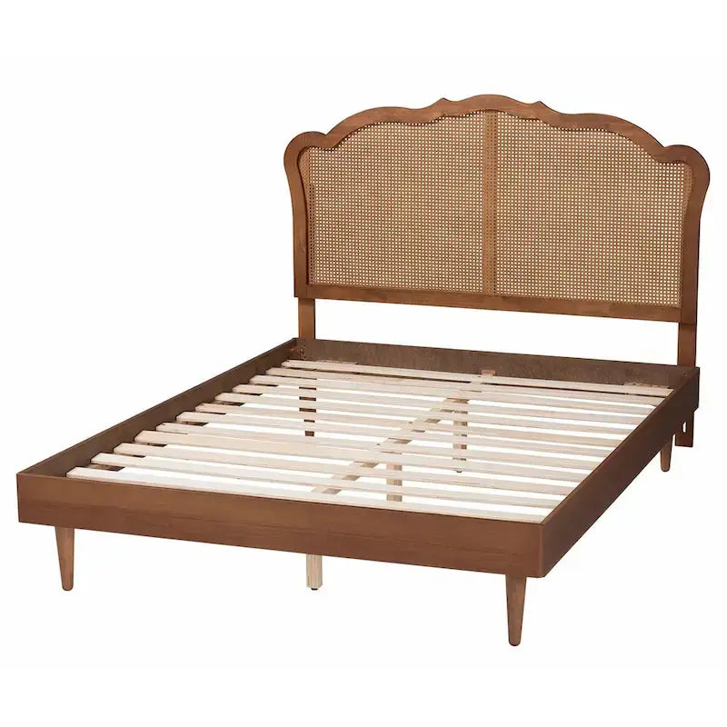 Letto a Piattaforma Camden Mid-Century in Legno di Noce Marrone e Rattan