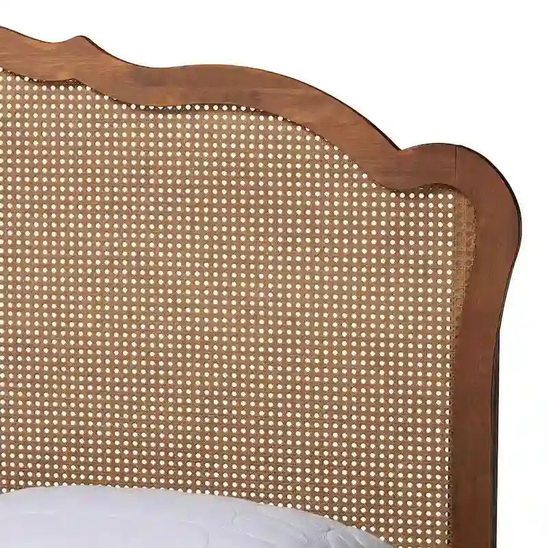 Letto a Piattaforma Camden Mid-Century in Legno di Noce Marrone e Rattan