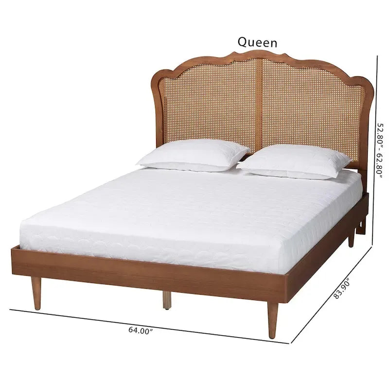 Letto a Piattaforma Camden Mid-Century in Legno di Noce Marrone e Rattan