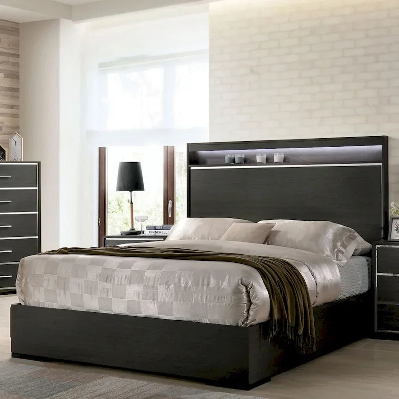 Furniture of America Kastela Set letto con pannelli, comodino e cassettiera in 3 pezzi, grigio, contemporaneo, con luci a LED e porte USB