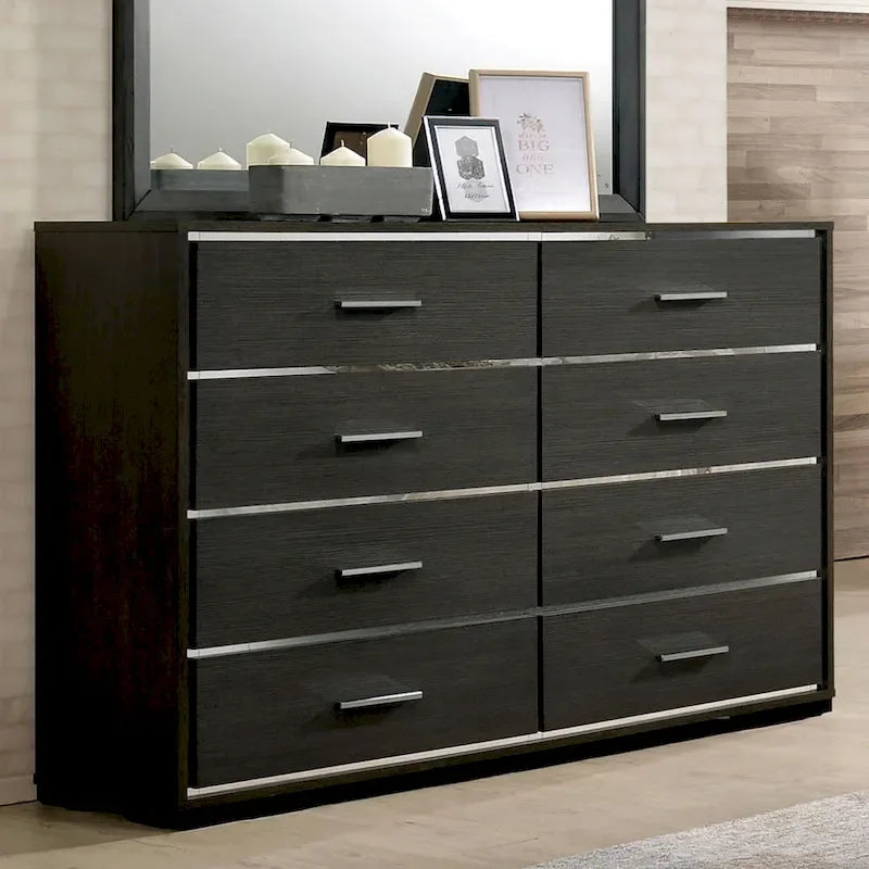 Furniture of America Kastela Set letto con pannelli, comodino e cassettiera in 3 pezzi, grigio, contemporaneo, con luci a LED e porte USB