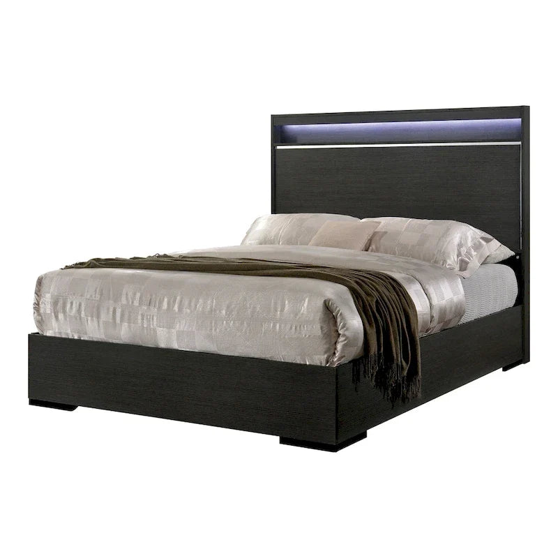 Furniture of America Kastela Set letto con pannelli, comodino e cassettiera in 3 pezzi, grigio, contemporaneo, con luci a LED e porte USB