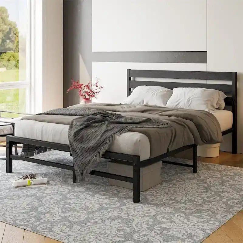Cadre de lit plateforme Queen Size avec tête de lit en bois, rangement sous le lit