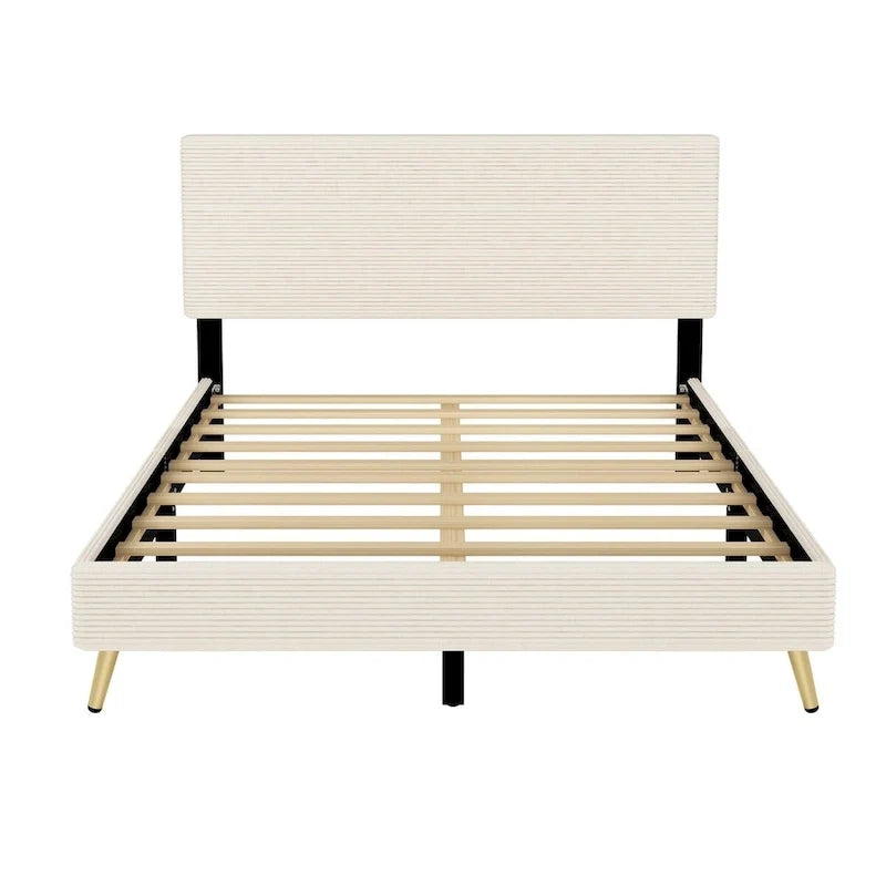Cadre de lit plateforme Queen en bois avec tête de lit à rayures horizontales, sommier tapissier avec lattes en bois, aucun sommier tapissier requis