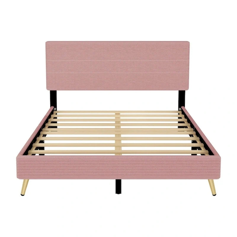 Cadre de lit plateforme Queen en bois avec tête de lit à rayures horizontales, sommier tapissier avec lattes en bois, aucun sommier tapissier requis