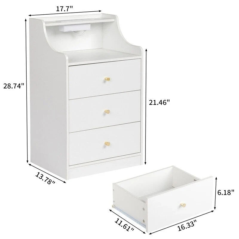 Table de chevet à 3 tiroirs avec USB