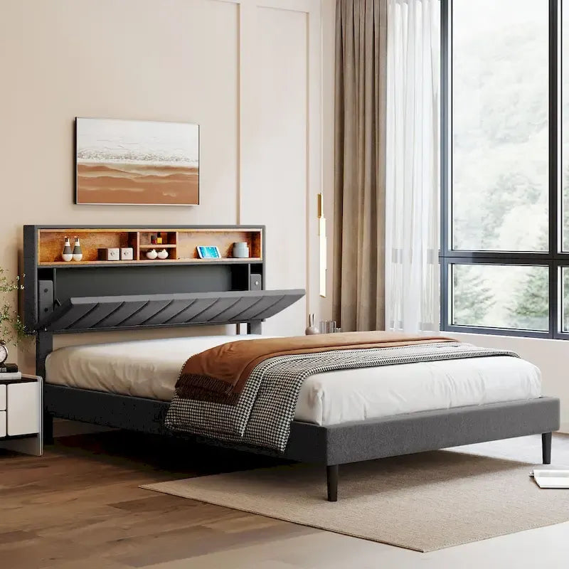 Letto imbottito con piattaforma, testiera contenitore e porta USB