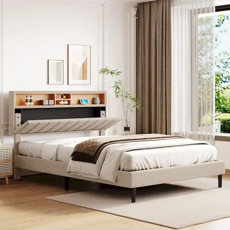 Letto imbottito con piattaforma, testiera contenitore e porta USB