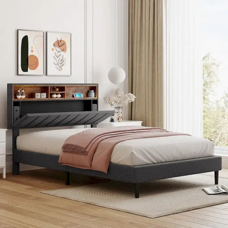 Letto imbottito con piattaforma, testiera contenitore e porta USB
