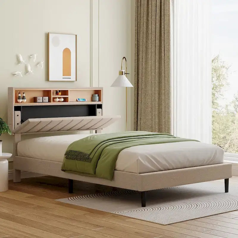 Letto imbottito con piattaforma, testiera contenitore e porta USB