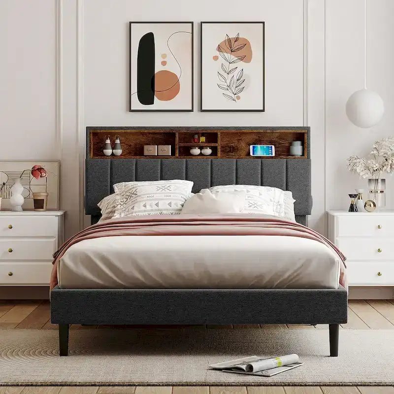 Letto imbottito con piattaforma, testiera contenitore e porta USB