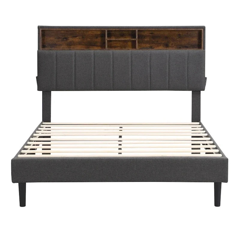 Letto imbottito con piattaforma, testiera contenitore e porta USB