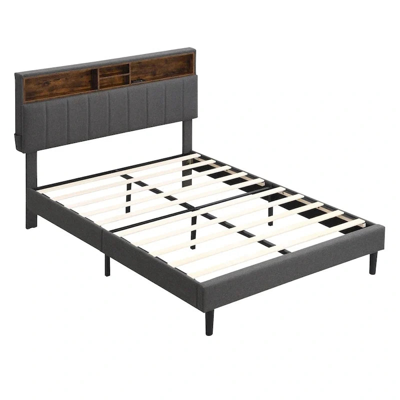 Letto imbottito con piattaforma, testiera contenitore e porta USB