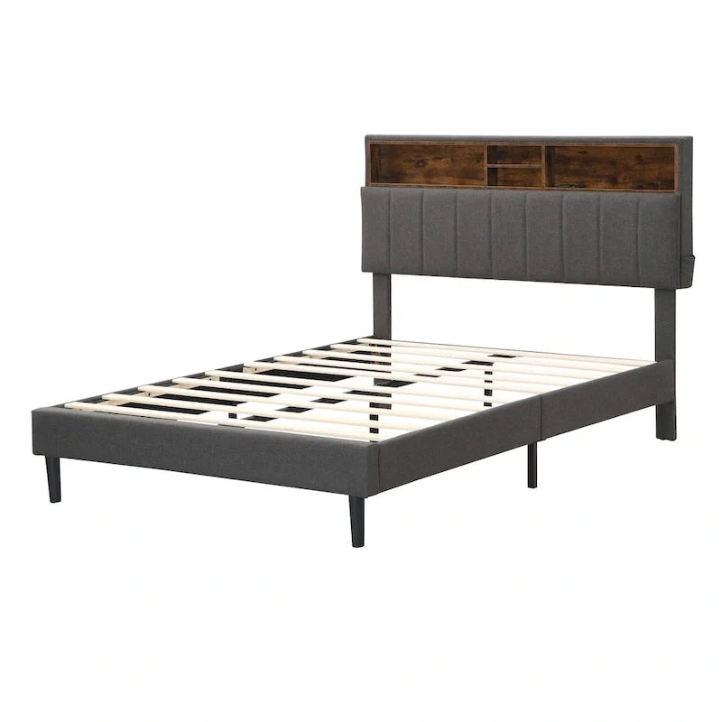 Letto imbottito con piattaforma, testiera contenitore e porta USB