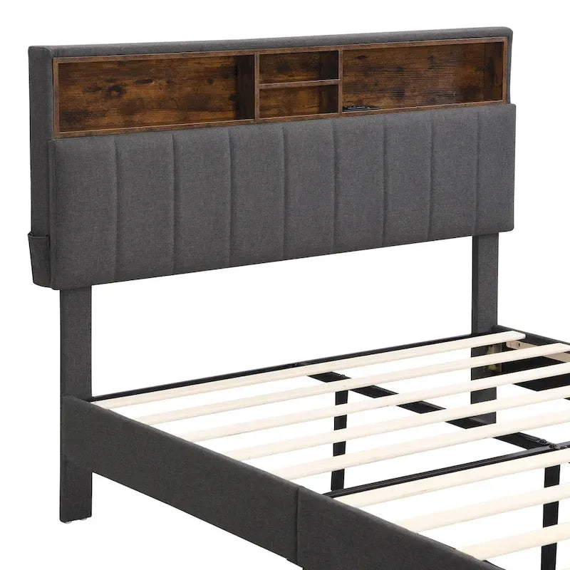 Letto imbottito con piattaforma, testiera contenitore e porta USB
