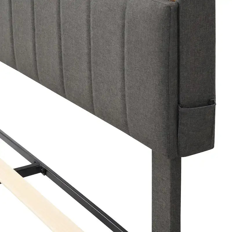 Letto imbottito con piattaforma, testiera contenitore e porta USB