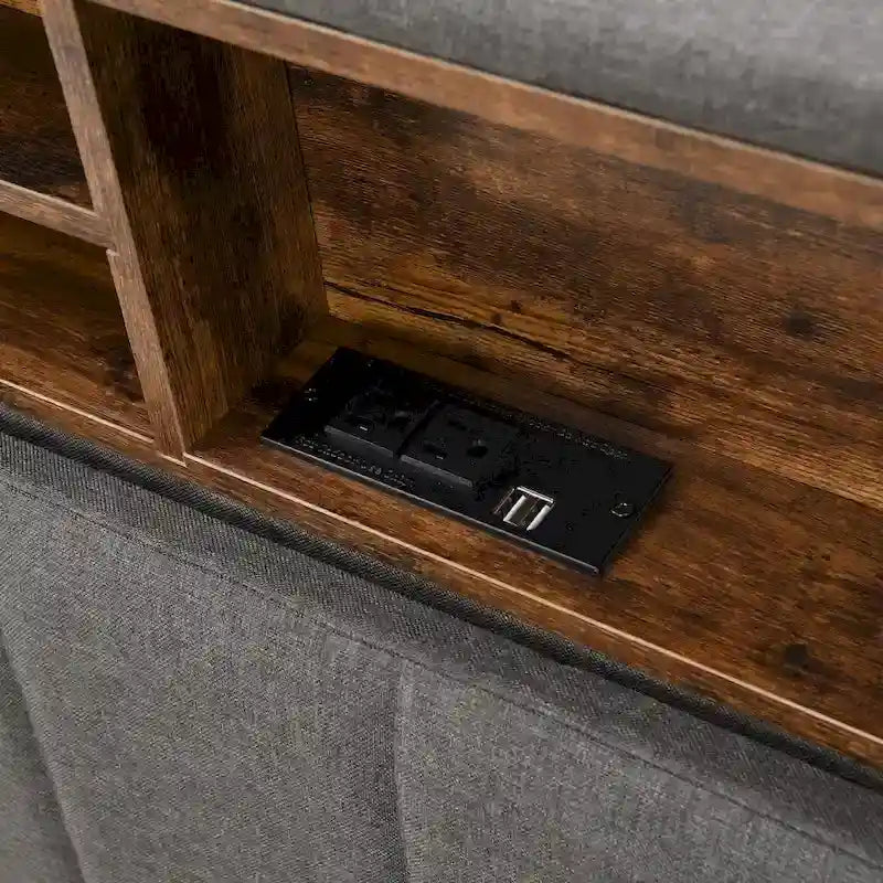 Letto imbottito con piattaforma, testiera contenitore e porta USB