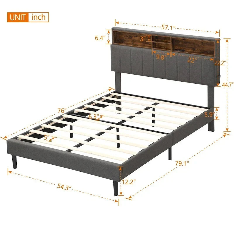 Letto imbottito con piattaforma, testiera contenitore e porta USB