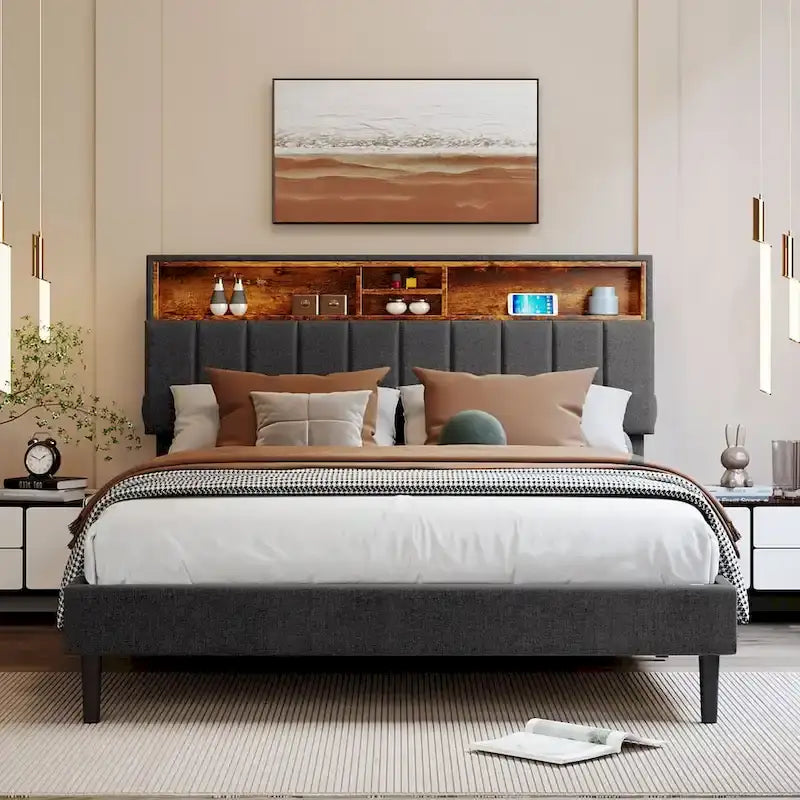 Letto imbottito con piattaforma, testiera contenitore e porta USB