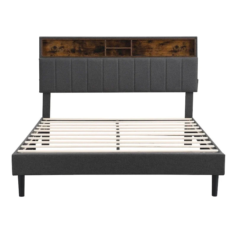 Letto imbottito con piattaforma, testiera contenitore e porta USB