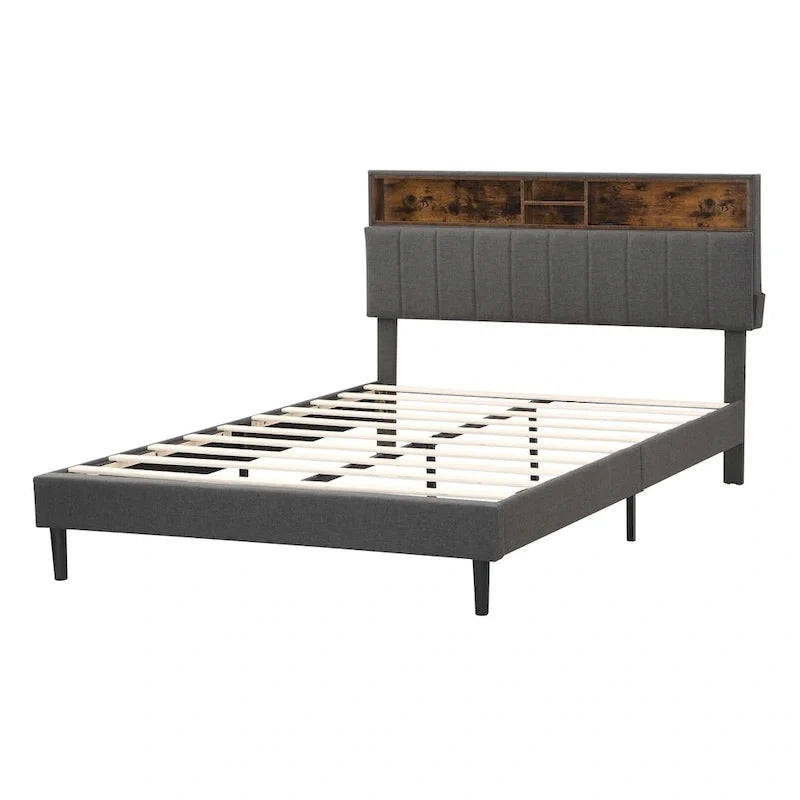 Letto imbottito con piattaforma, testiera contenitore e porta USB