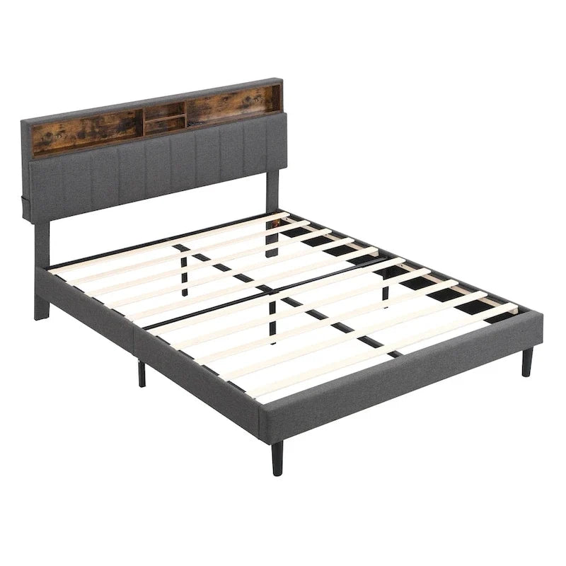 Letto imbottito con piattaforma, testiera contenitore e porta USB