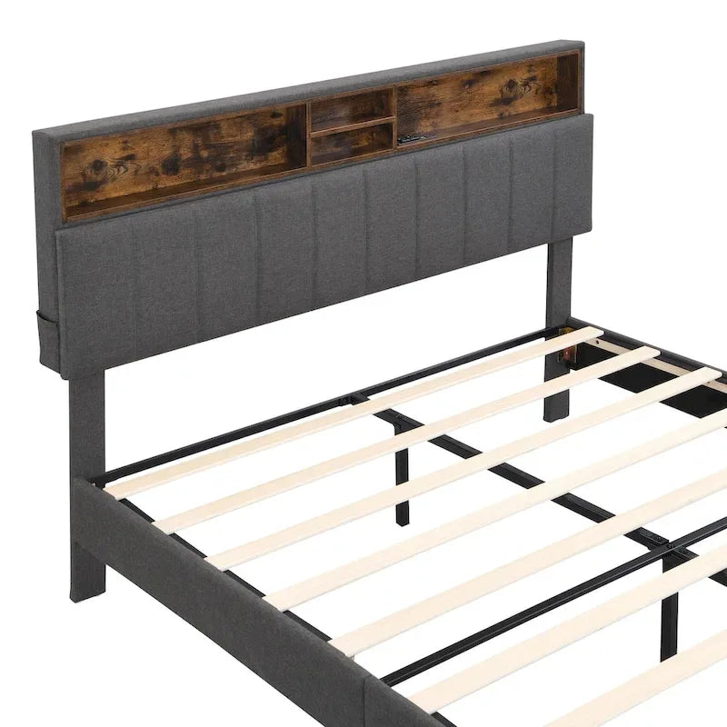Letto imbottito con piattaforma, testiera contenitore e porta USB